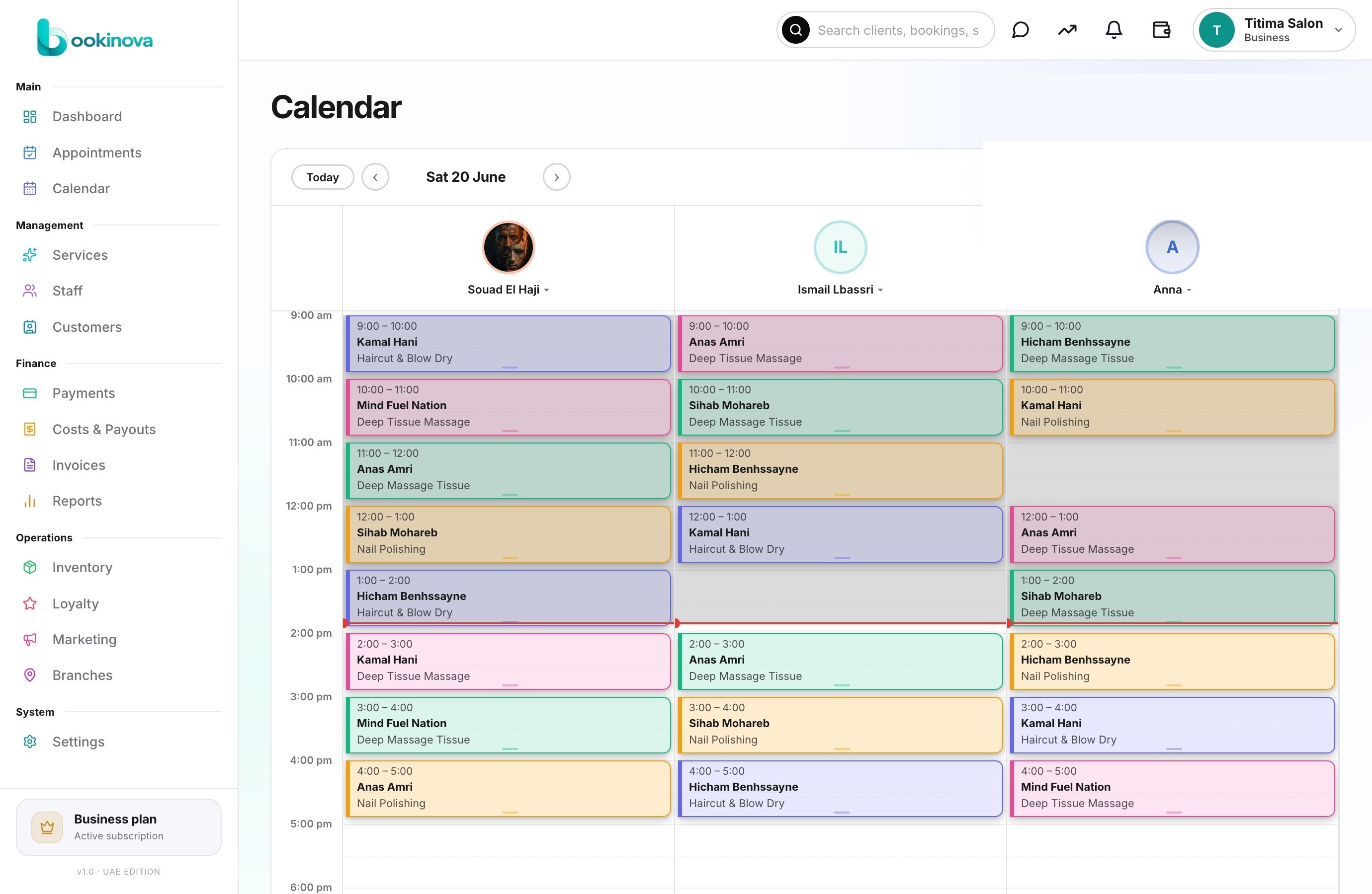 Bookinova salon calendar dashboard